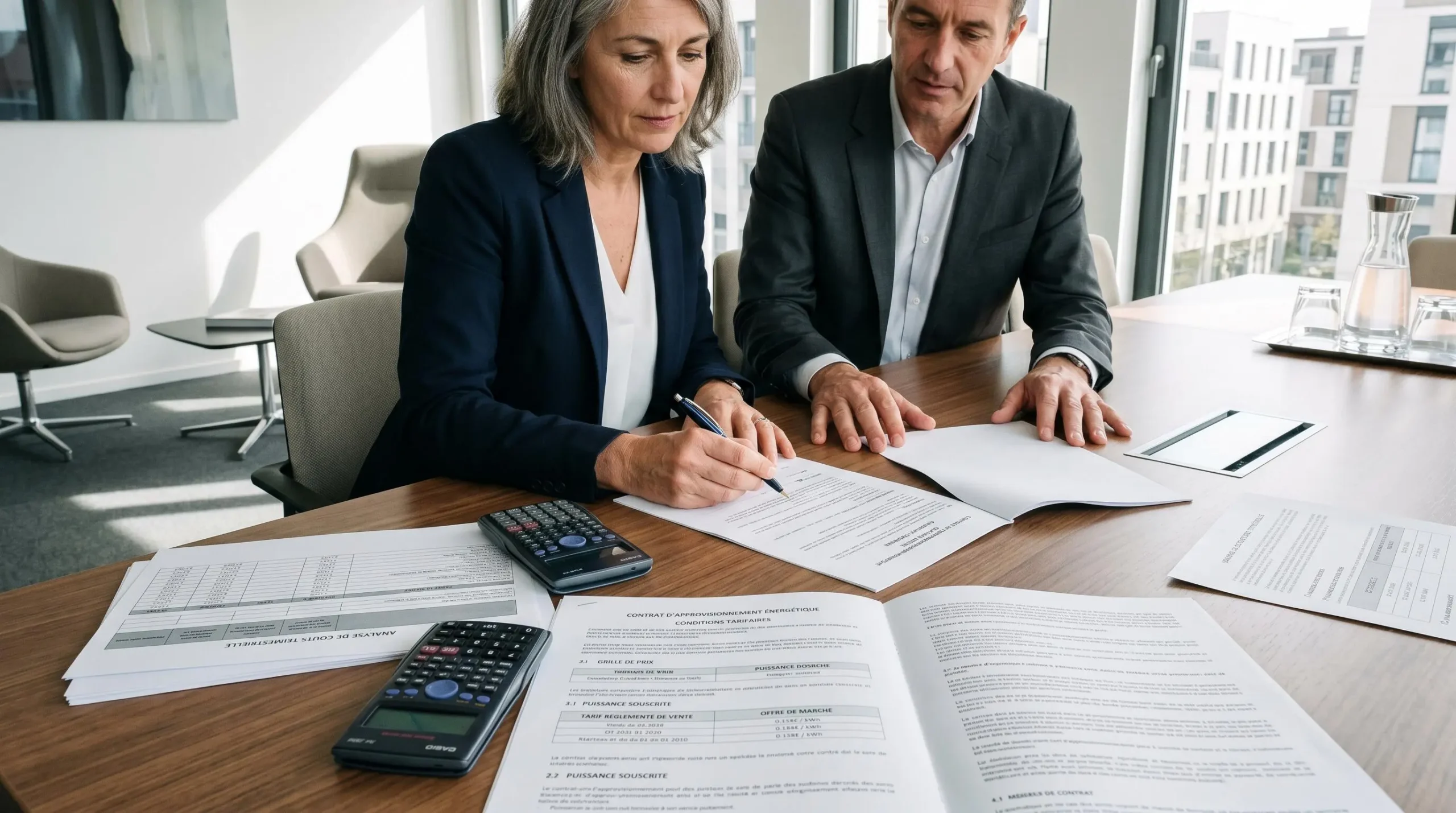 Analyse de documents contractuels et de tarifs énergétiques sur un bureau professionnel