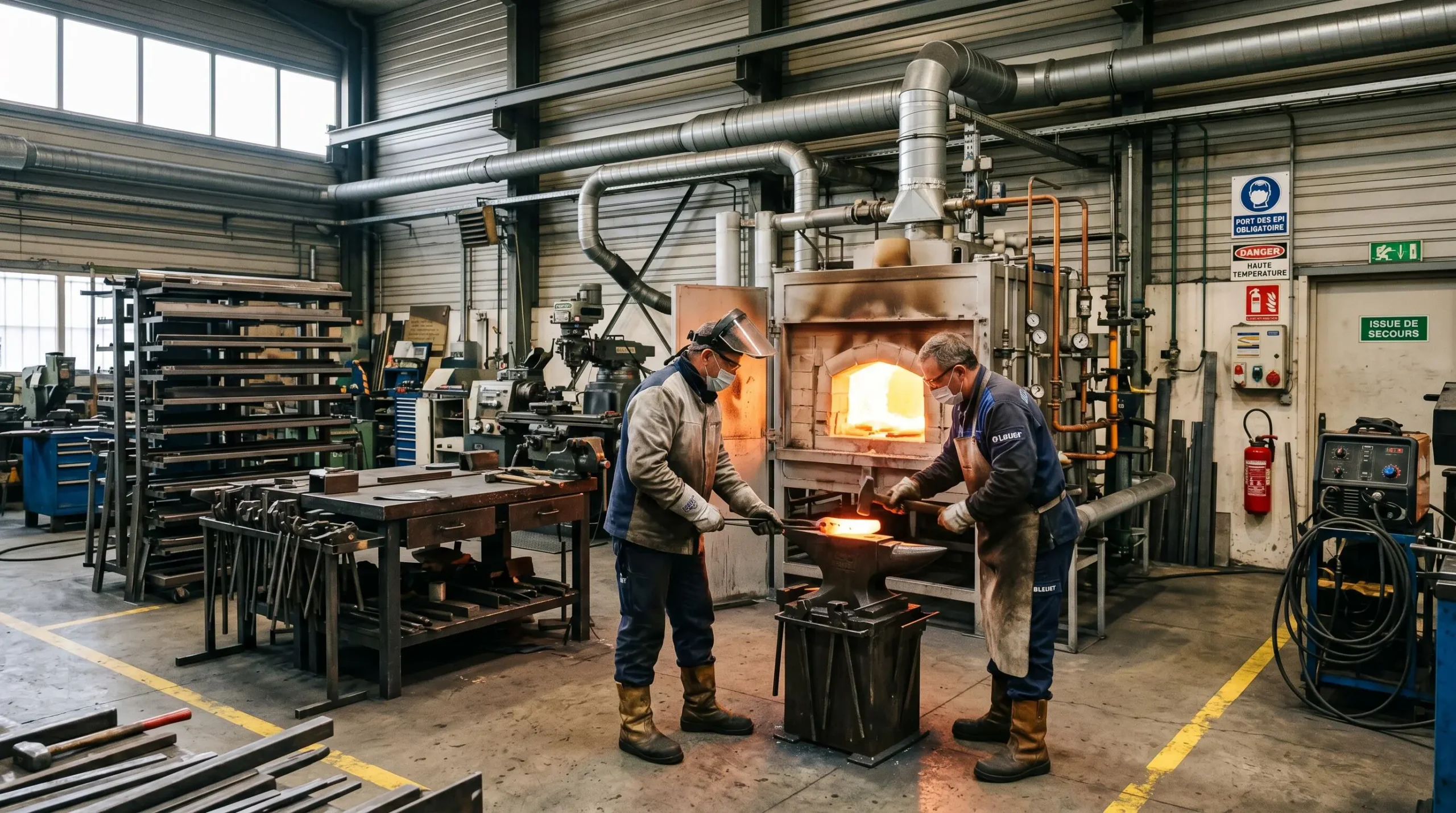 Atelier de métallurgie moderne français utilisant des équipements au gaz pour la production