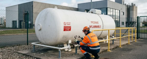 Installation de citerne de gaz propane en zone industrielle française avec technicien effectuant une maintenance préventive