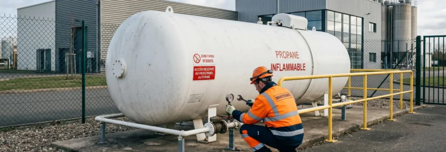 Installation de citerne de gaz propane en zone industrielle française avec technicien effectuant une maintenance préventive